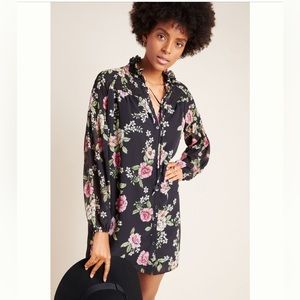 Anthropologie Black Floral Mini Dress with Pink and Green Print